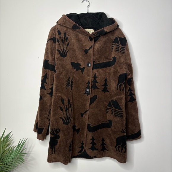 Vintage St. John’s Bay Fleece Brown Moose Print Fleece Jacket Size Medium Hooded - Picture 1 of 4